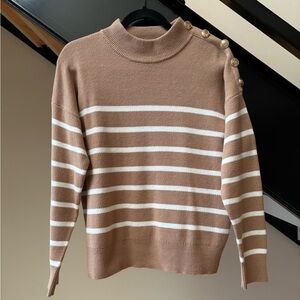 Women’s Tan/White Striped Nautical Sweater, 60%/40% Cotton/Polyester Blend SizeM